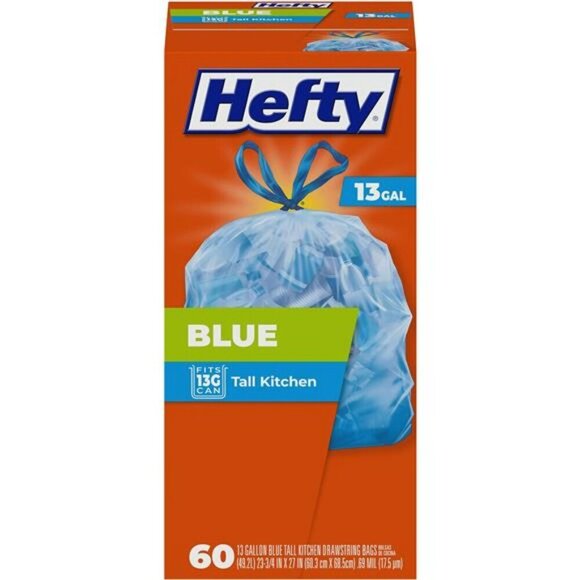 Hefty Blue Trash Bags, Blue, 13 Gallon, 60 Count - Picture 1 of 7